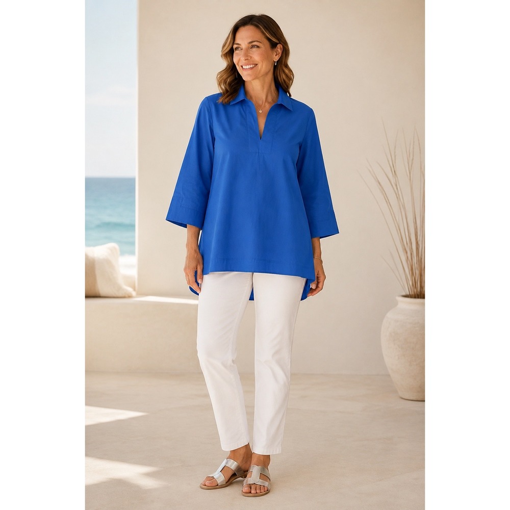 FOIL Clothing Tunic Top Women US 12 Cobalt Blue Stretch Cotton Poplin Collared
